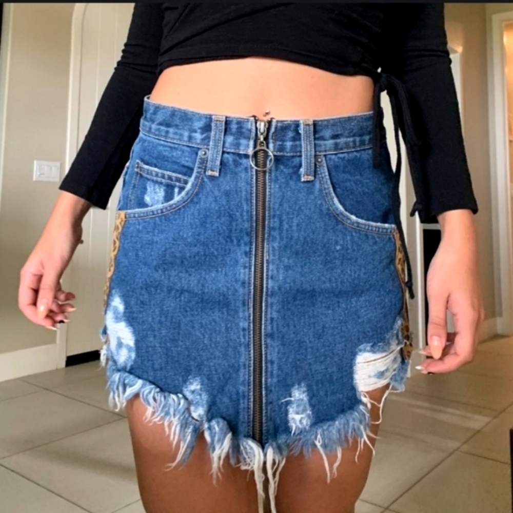 Hellen Rocha Jeans Denim Distressed Mini Skirt with Gold Front Zipper & Pockets
